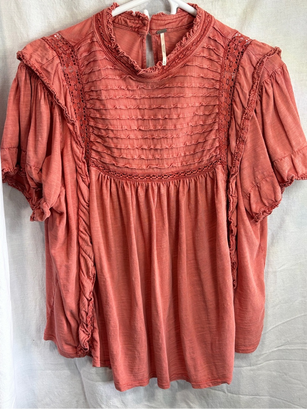 Free People Coral Rust Pintuck Crochet Peasant Top